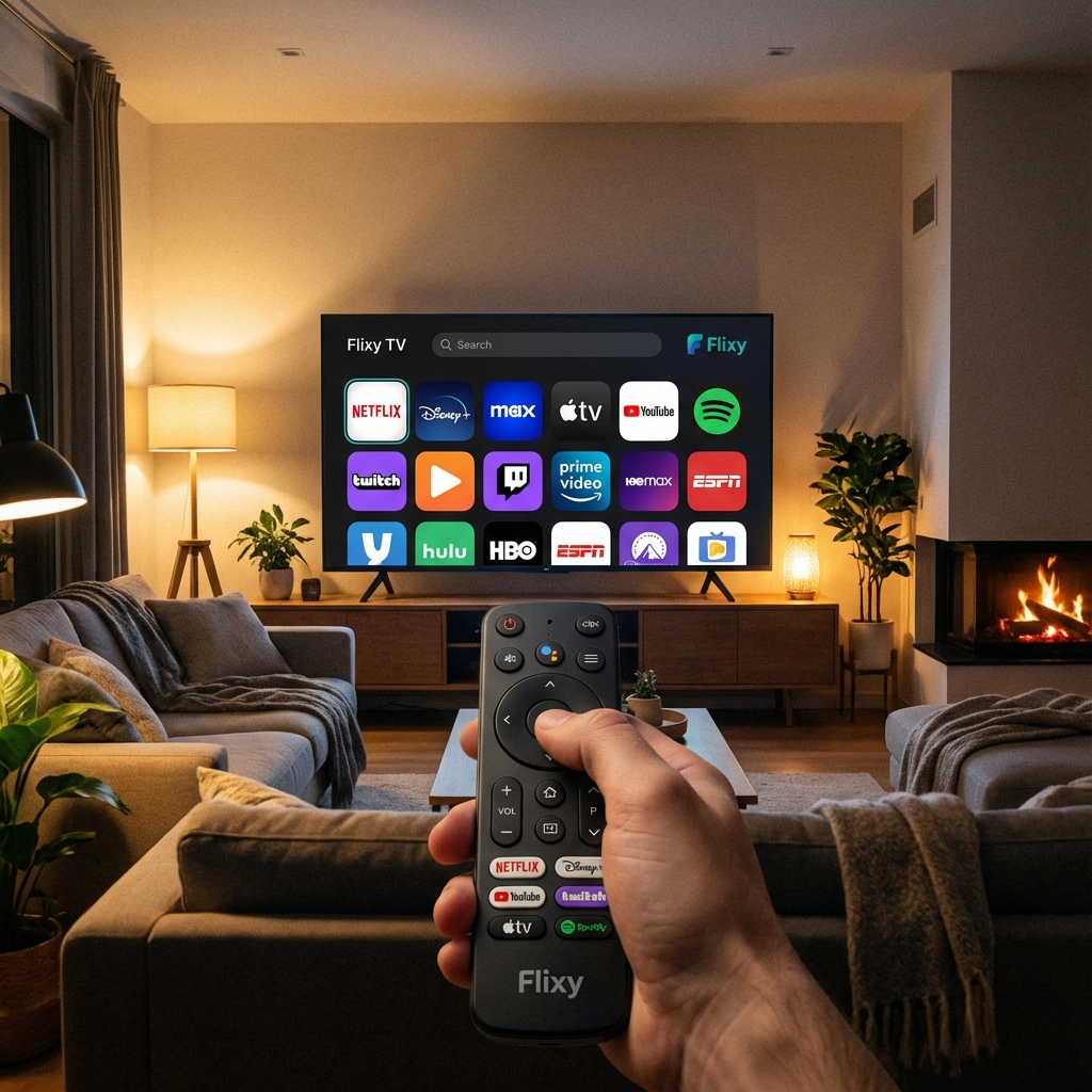 User navigating Flixy TV Stick interface on television screen